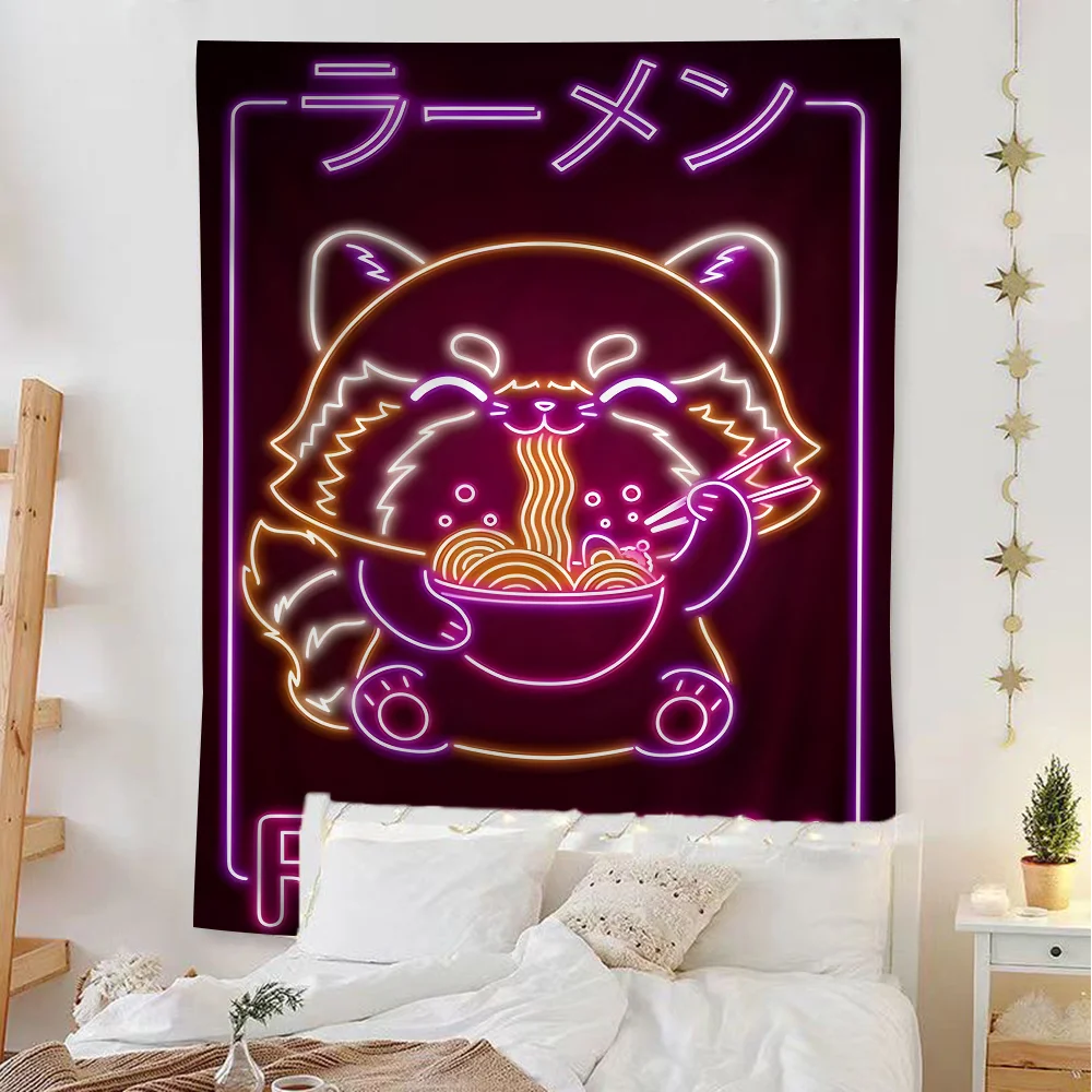 Neon Japanese Food Ramen Sushi Cat Colorful Tapestry Wall Hanging Bohemian Wall Tapestries Mandala Wall Art Decor