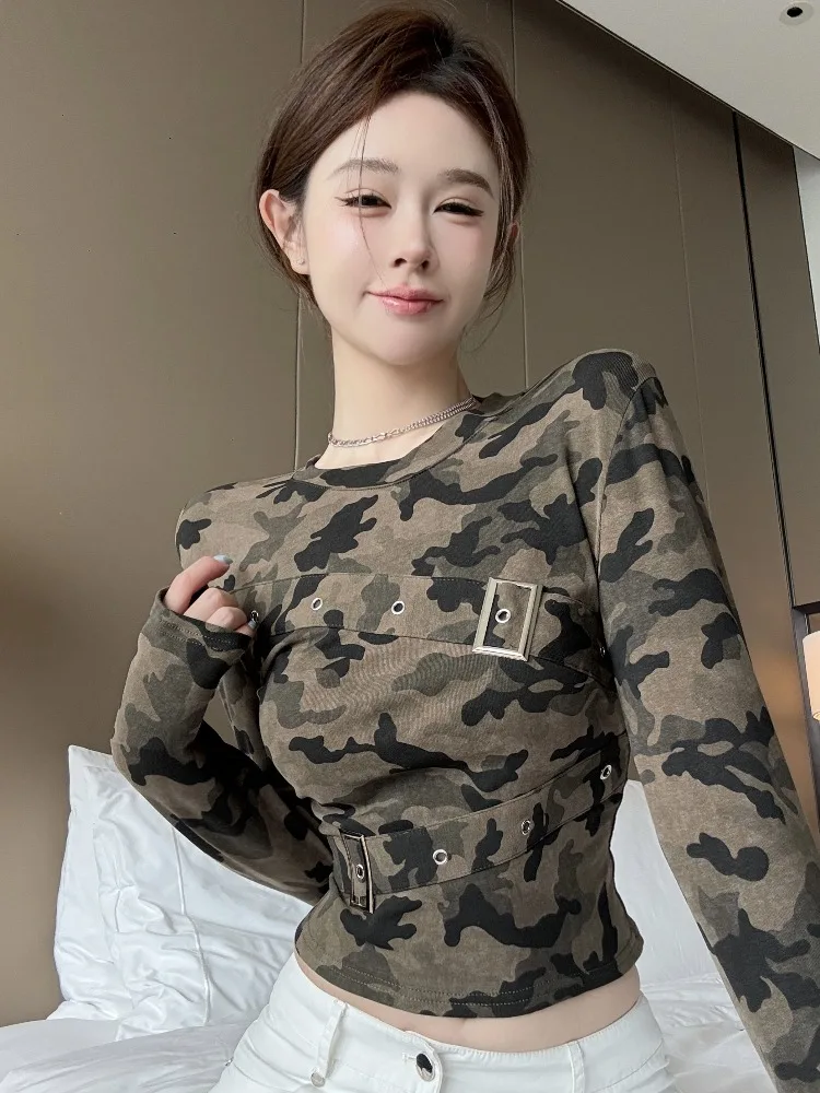 

Retro Sexy Camouflage Print round Neck Long Sleeve T-Shirt Fashionable Short Base Layer Overhead Top for Young Women