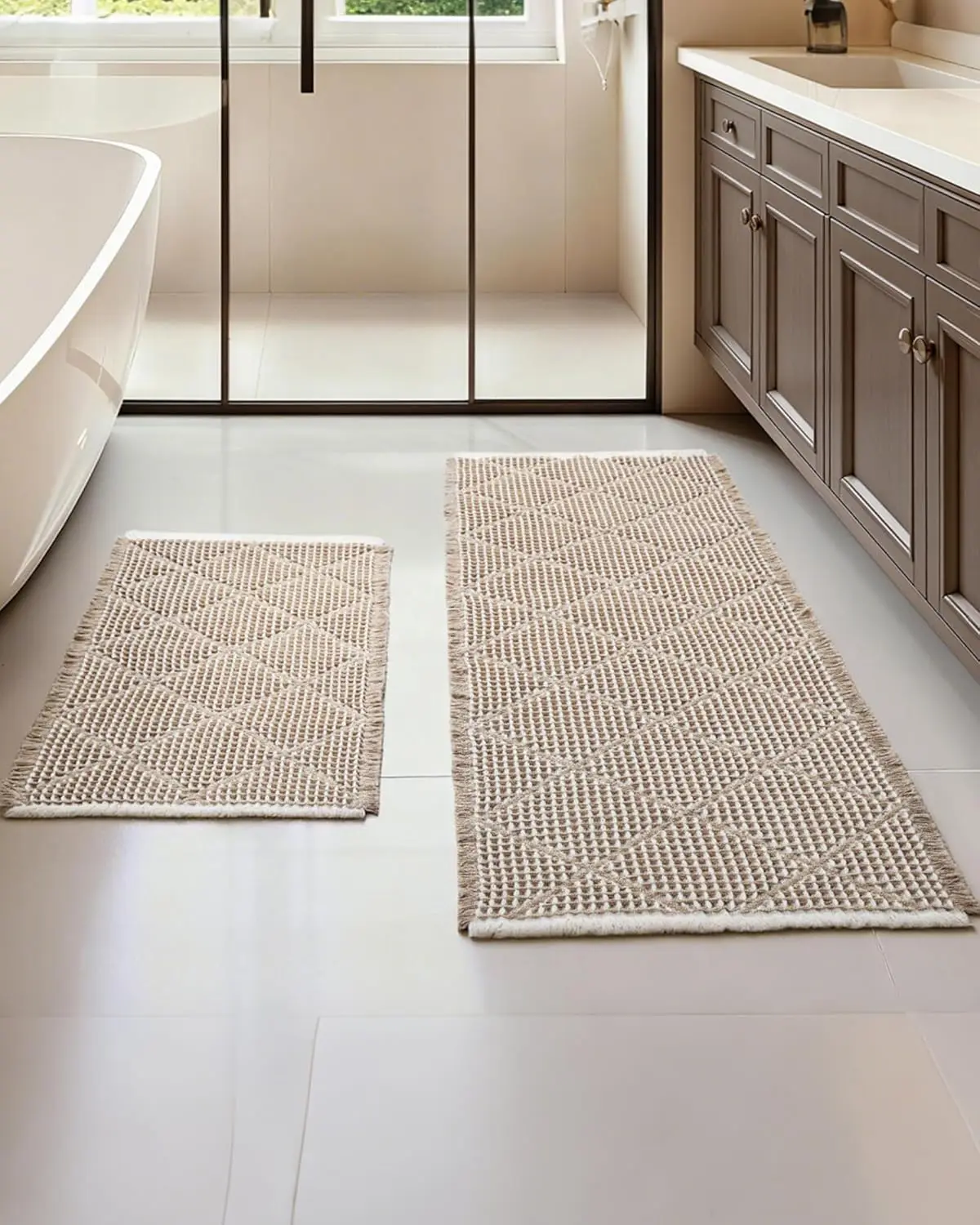 

Non-Slip Waffle Bath Mat Set, Ultra Absorbent Bathroom Rugs in Brown & White, Machine Washable, 2-Piece Boho Chic Decor