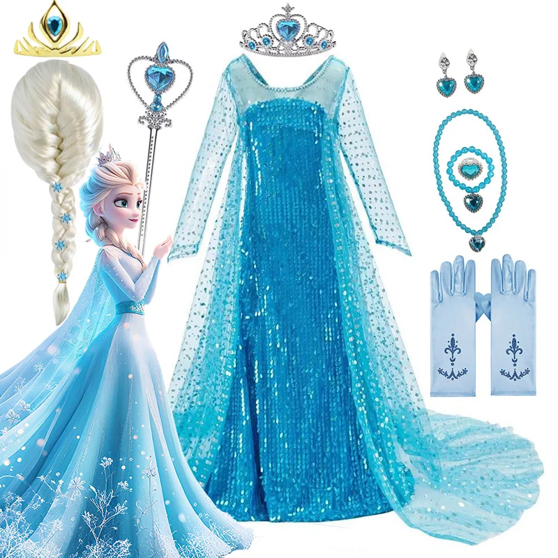 Elsa Kleid Cosplay Disney Prinzessin Kleid Blau Langarm Pailletten Kinder Kleider Karneval Party Abend Für Mädchen Vestidos