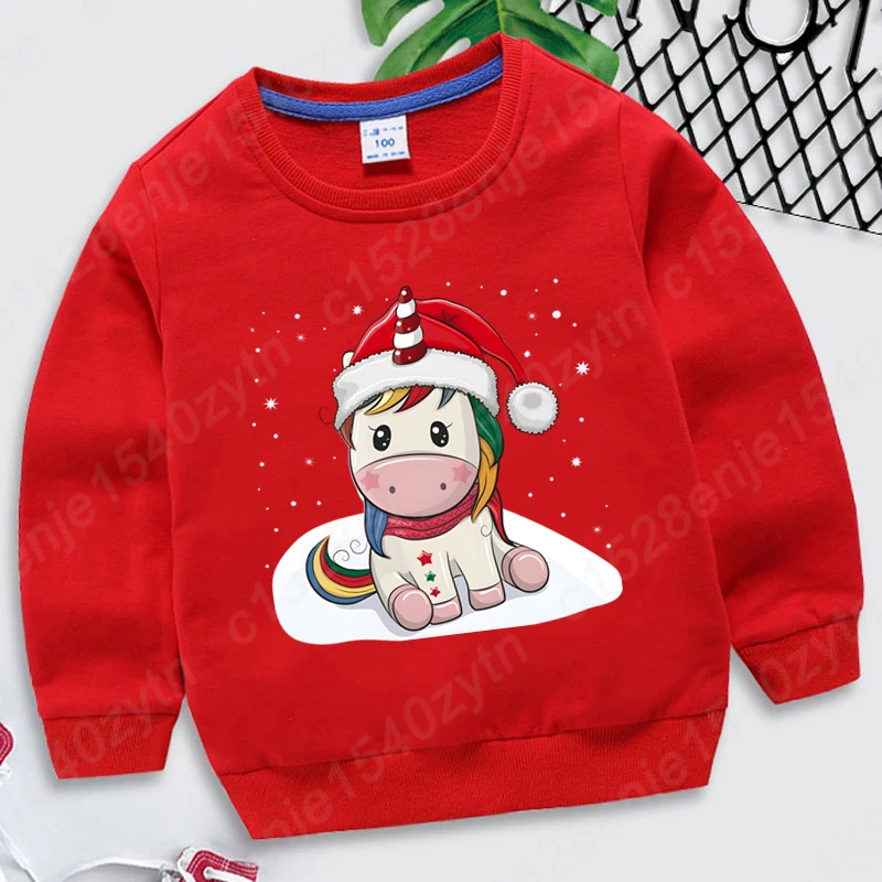 Christmas Unicorn Print Hoodless Sweatshirts Children Boys Girls Casual Long-sleeved Loose Winter And Autumn Pullovers Kids Tops