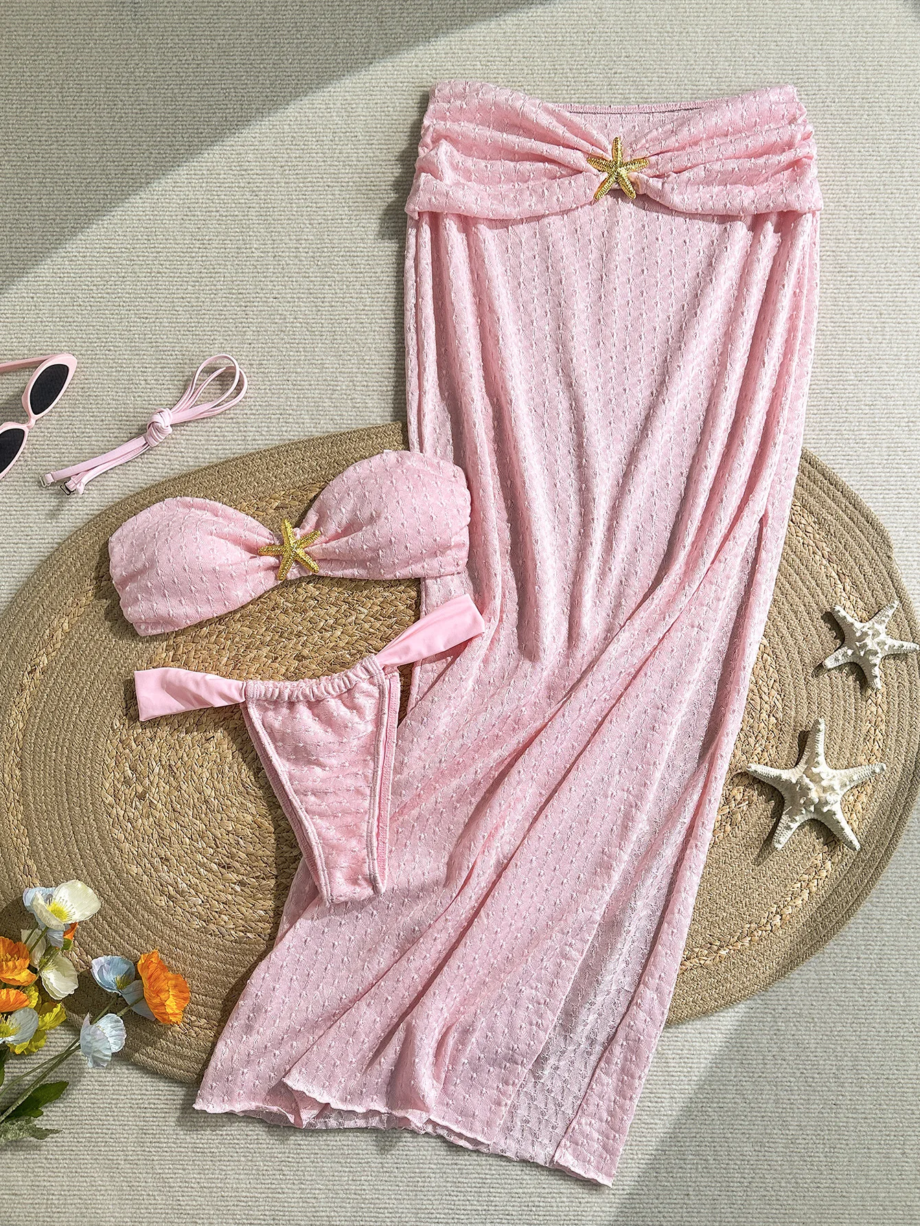 Women's Resort Bandeau Bikini Set with Knot Detail & Starfish Accent High Waist Skirt Swimsuit Cover Up Three Piece Swim Suits