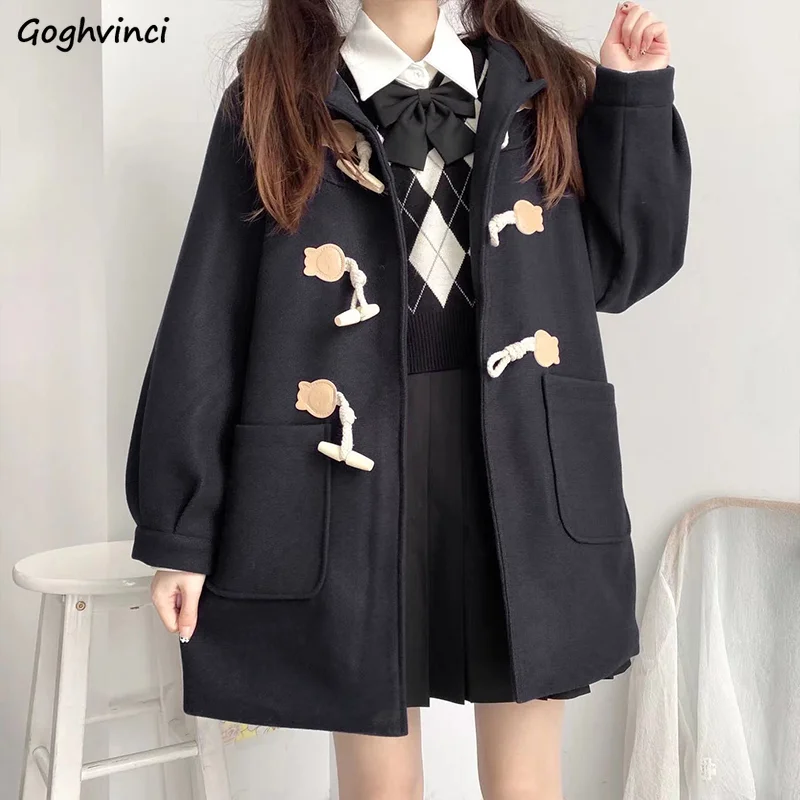 Hooded Blends Women Autumn Tender Sweet Horn Button Preppy Style Casual Girls Baggy Japanese Fashion Pockets Simple Overcoats