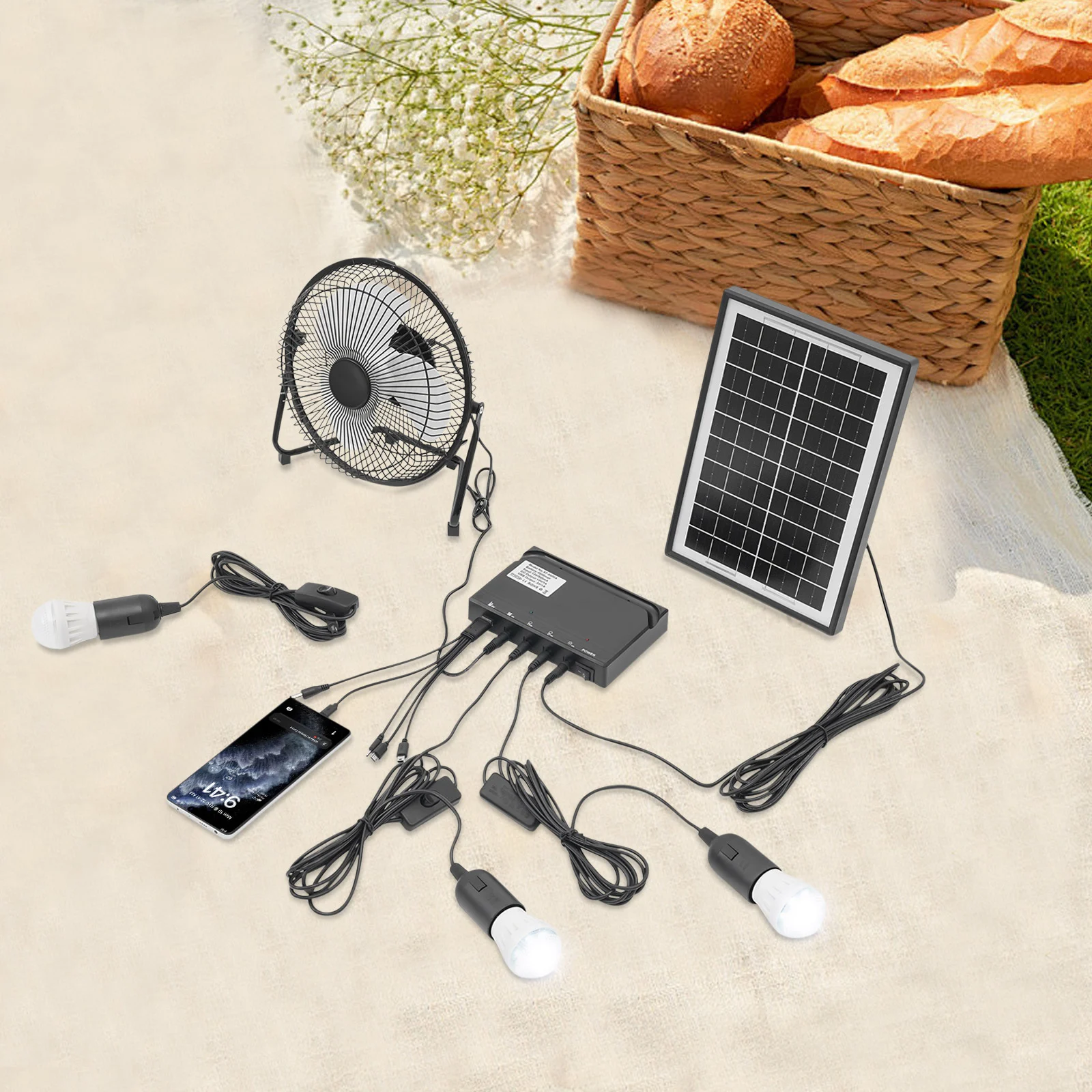 

110V Black Solar Lighting & Fan Kit, Solar Powered Fan with 3 Bulbs,Freestanding 4000mAh for Home Lighting