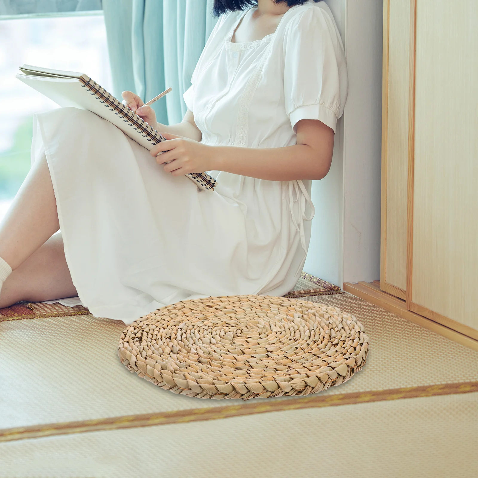 

Straw Woven Round Floor Cushion for Sitting Chair Mat Yoga Pad Bay Window Seat Dining Room Bedroom Terrace Comfortable Natural