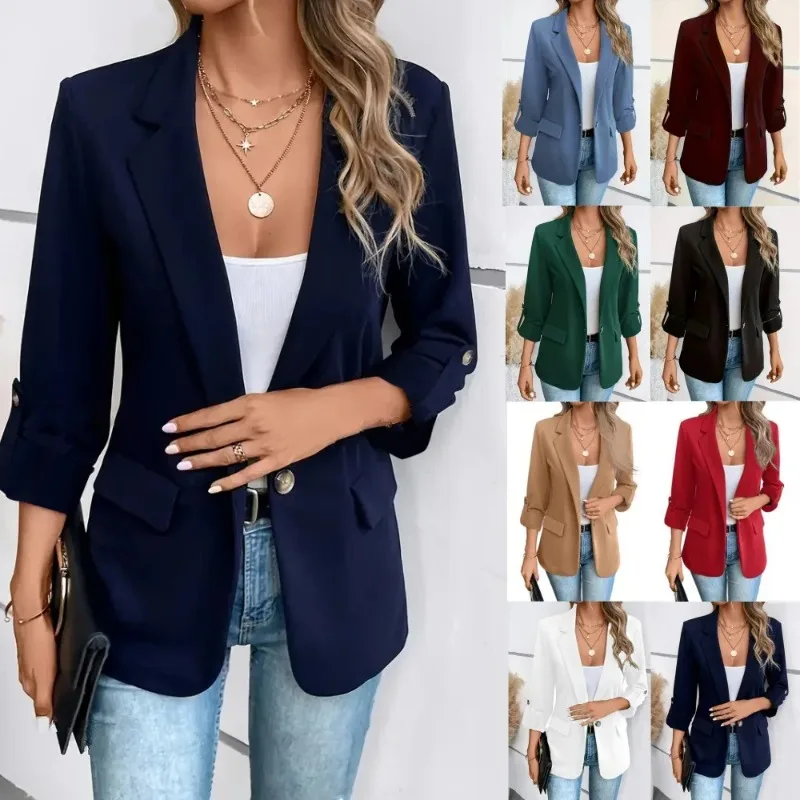 

Blazers Long Sleeve Women Suits Blazer Single Button Solid Cardigan Loose Fit Turn Down Collar Pockets Casual 2025 Summer