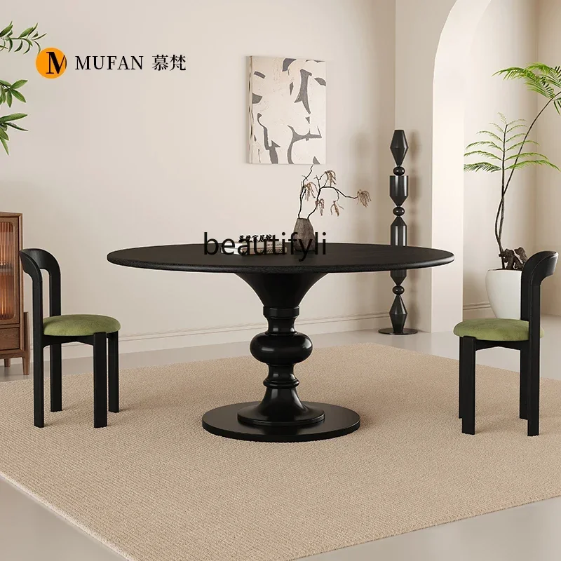 American solid wood round dining table retro black round eating table small apartment simple designer dining table