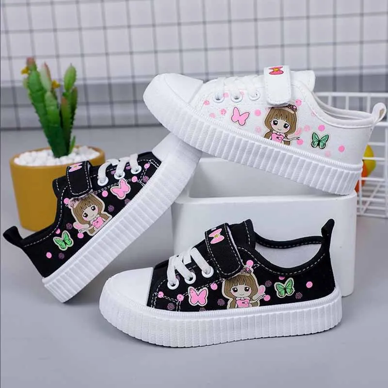 Children\'s Cute Cartoon Canvas Shoes Girls\' Flat Bottomed Casual Sports Shoes Students Lightweight Running Board Shoes Sneakers