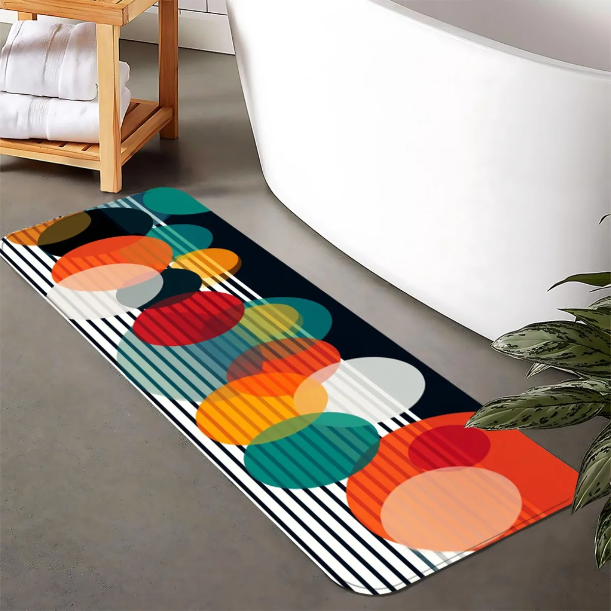 Mid Century Retro Color Overlap Oval Runner Rug, Non-Slip Kitchen Rug for Kitchen, Living Room, Bathroom & Holiday Decor