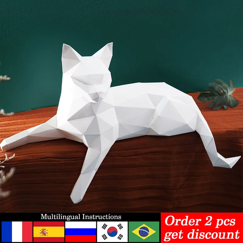 Biały kot dekoracje z wzorami zwierząt domu Origami papier dekoracyjny Model,Low Poly 3D Papercraft sztuki, Handmade DIY nastolatków dorosłych Craft RTY209