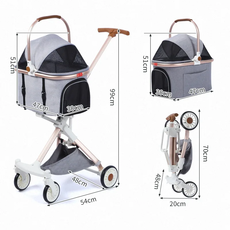 Lightweight Folding Breathable Pet Stroller Detachable Cage Cart Load Bearing  15kg Cat Dog Stroller Aluminium Frame Dog Trolley