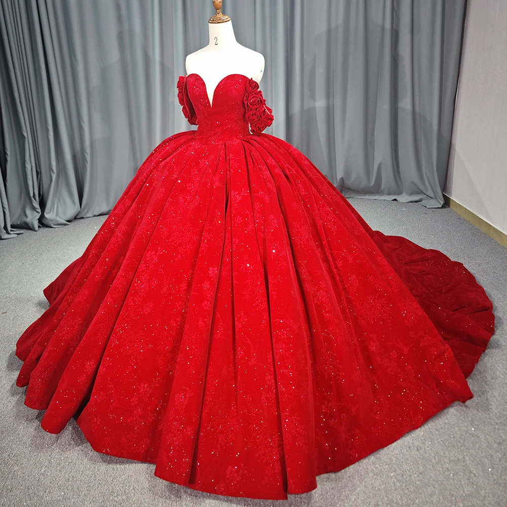 Red Quinceanera Dresses Sweetheart Neck Off Shoulder Bling Rose Printing Ball Gown Princess Dress 6802