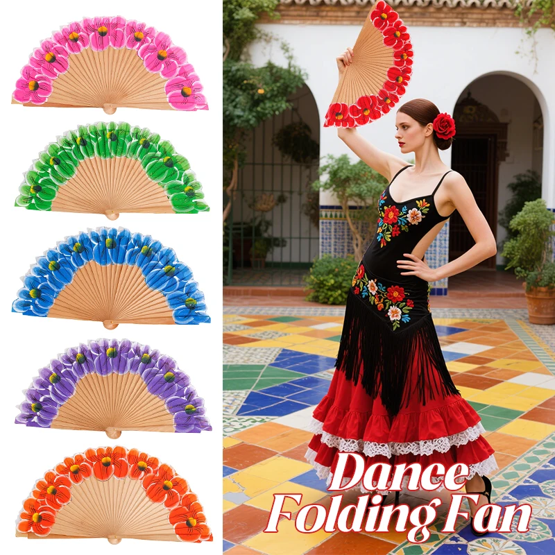 

1 Pair Chinese Style Cheongsam Dance Folding Fan Wooden Hand Painting Pattern Fan Hanfu Classical Dance Stage Costume Gift