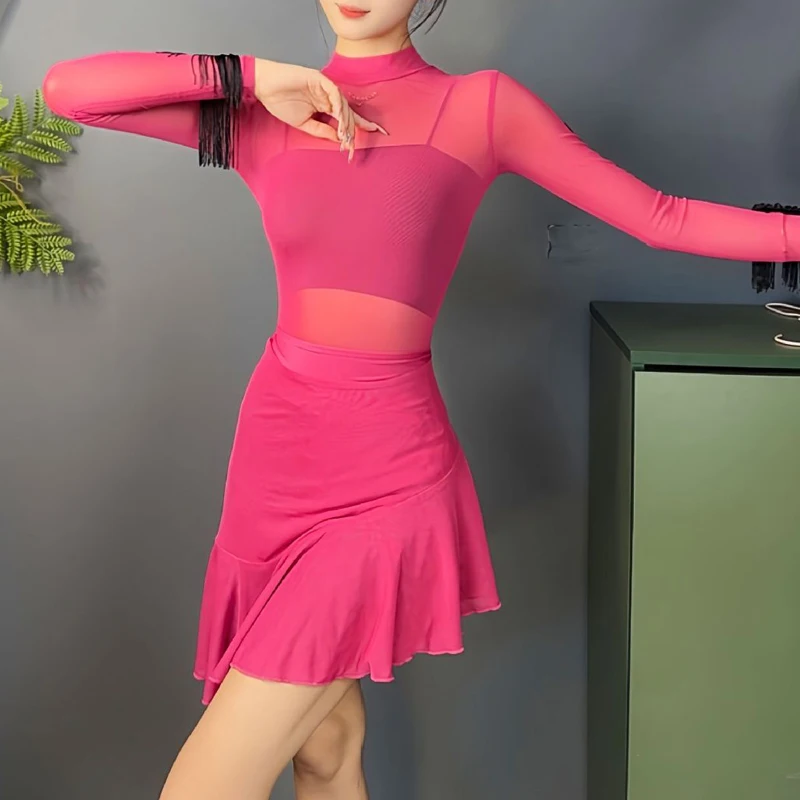 Tops de baile latino para mujer, mono sexy de malla ultrafina de manga larga con estampado de leopardo, ropa de entrenamiento Cha Rumba, ropa de práctica latina