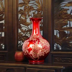 Chinese-style Crystal Glaze Red Peony Vase Ceramic Porcelain Vase for Artificial Flower Decoration Ornate Luxurious