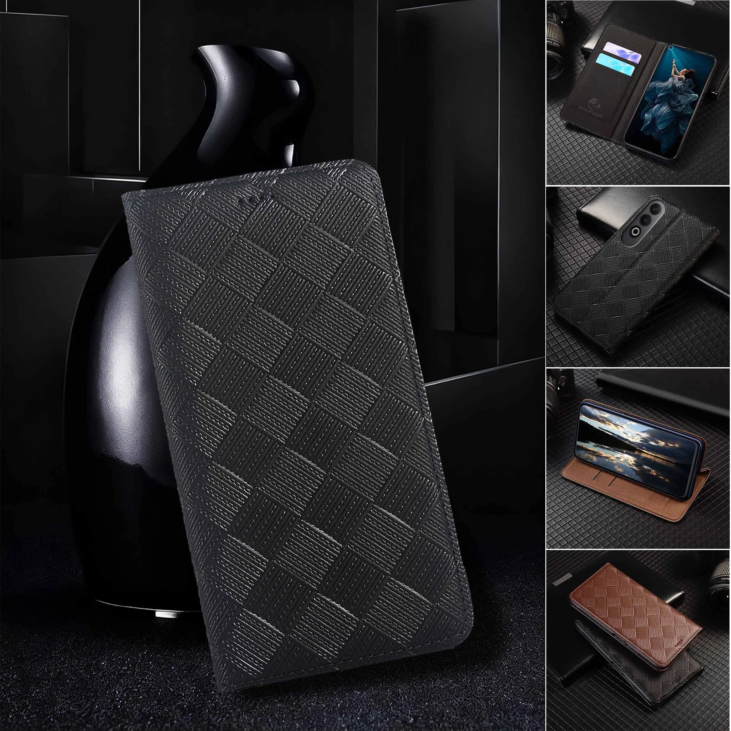 

For OPPO K3 K5 K7 K7X K9 K9X K9S K10 K10X K11 K11X K12 K12X Pro Plus Knit Pattern Genuine Leather Wallet Flip Phone Cover Case