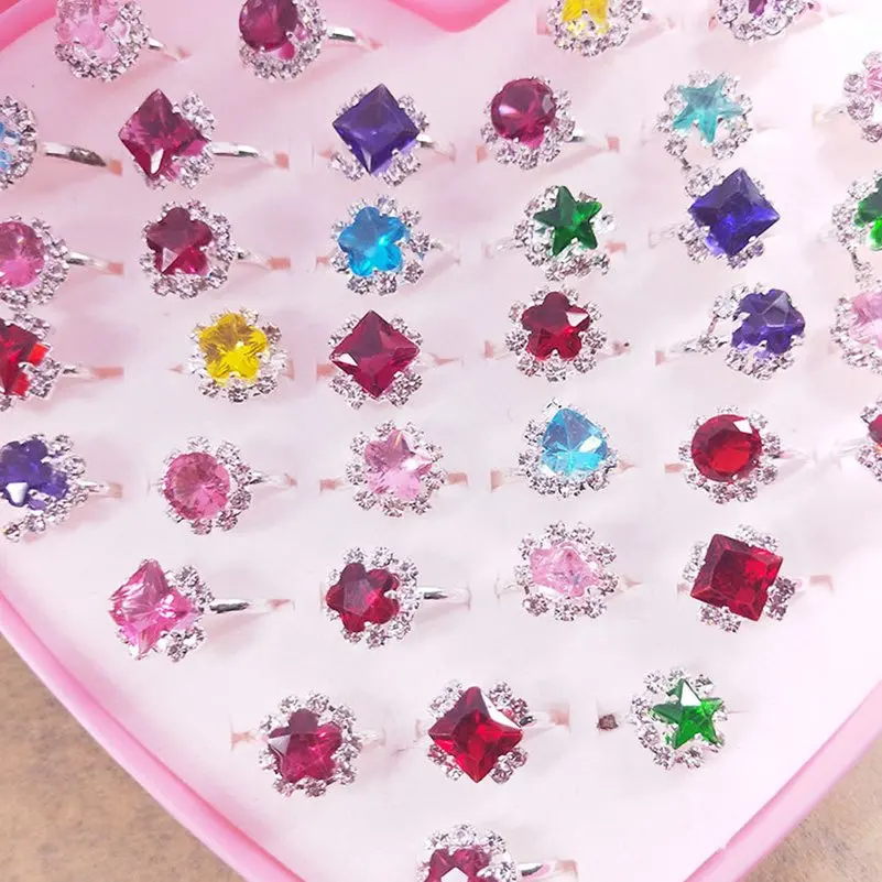 36Pcs/Box New Kids Rings Princess Children Girls Crystal Flower Alloy Finger Ring Child Jewelry Gift Adjustable Rings