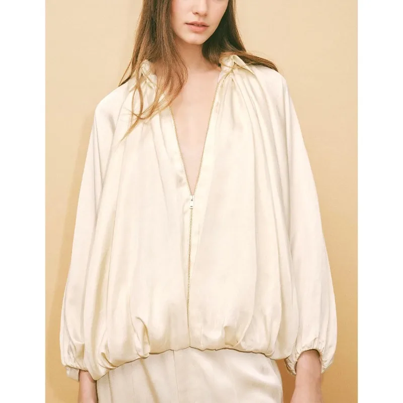 

2025 New Fashion Satin Loose Bat Sleeve Puffy Bomber Jacket