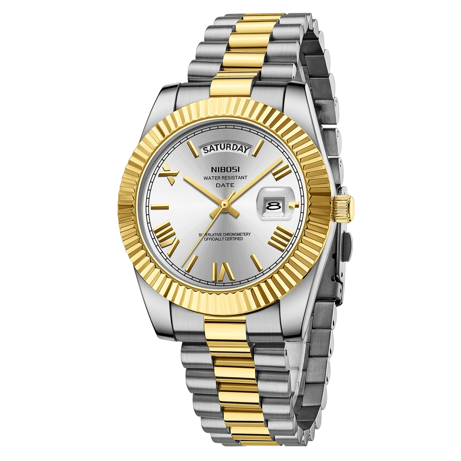 ساعة NIBOSI باللون الذهبي لعرض الأسبوع للرجال من أفضل العلامات التجارية الفاخرة كوارتز ساعة رول مقاومة للماء بتصميم تناظري أنيق وساعة رجالية