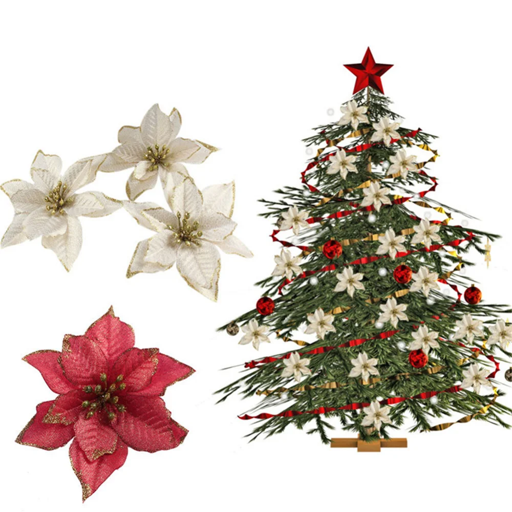 1PC Artificial Christmas Flowers Glitter Fake Flowers Merry Christmas Tree Decorations Xmas Ornaments Home Party Decor