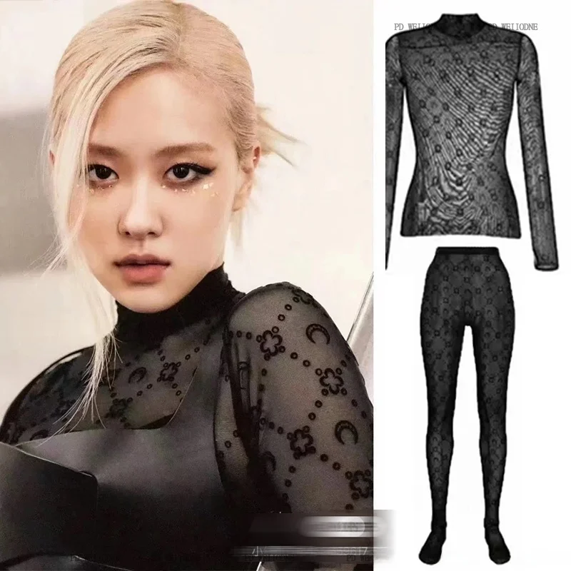 Cseta Sexy de Cuello Semialto con Diseño de Luna para Mujer, Ajustada, de Manga Larga, con Malla y Flocado, Fina, Tendenci...