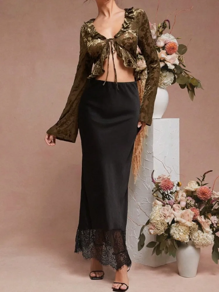 Women's New Fashion Simple Solid Color Commuting Skirt Spring Temperament Elegant Stitching Lace Satin Versatile Long Skirt