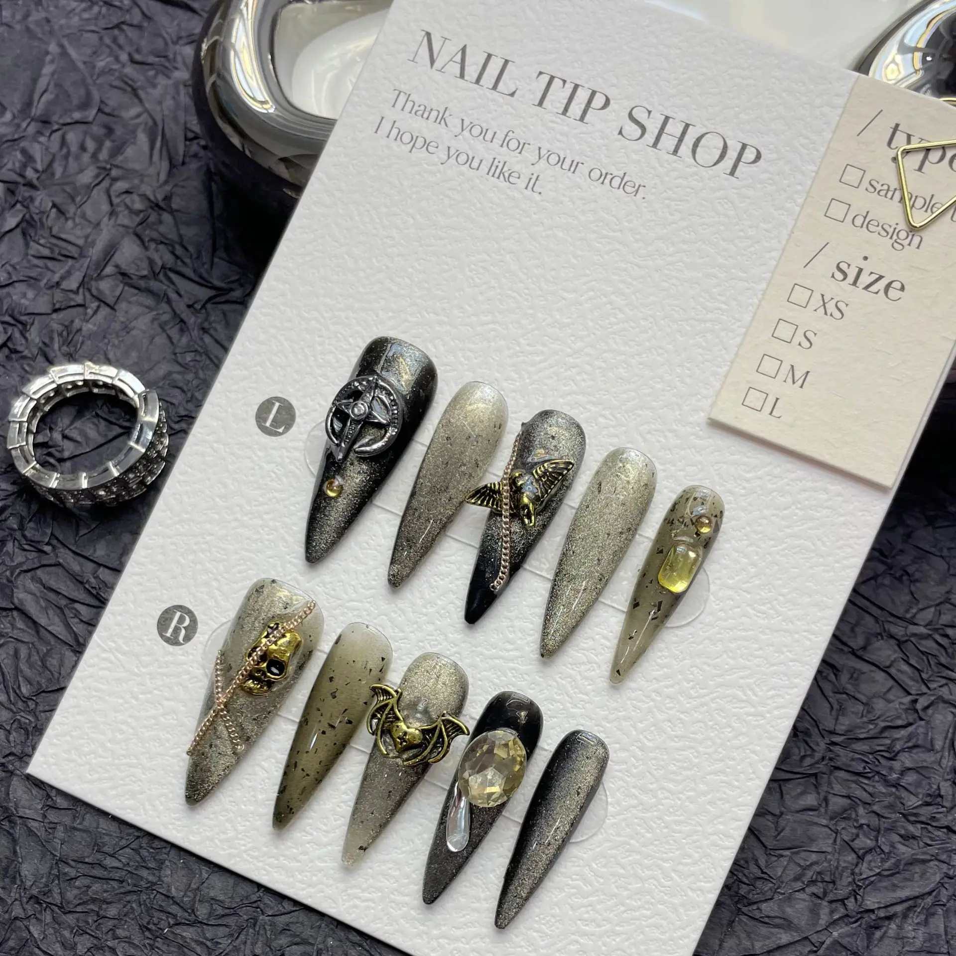 

10 PCS Luxury Handmade Press on Nails Long Drop Black And Silent Wind Design with 3-PIECE Tool Adhesive Nail Glue Tabs