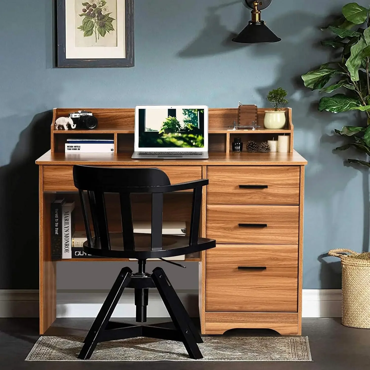 Catrimown Computer Desk with Drawers and Hutch, 44” Rustic Oak Wood Desk with 4 Drawers for Home Office Secretary Writing Table,