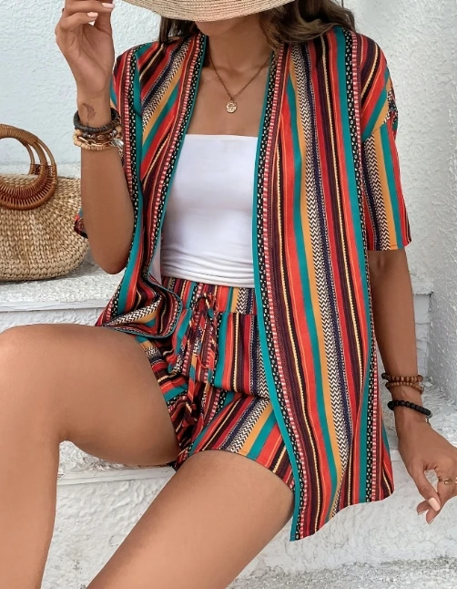 Leisure Vacation Women's Shorts Sets Summer Casual Striped Printed Short Sleeved Shirt Shorts Set Elegant Women's Two-Piece Set