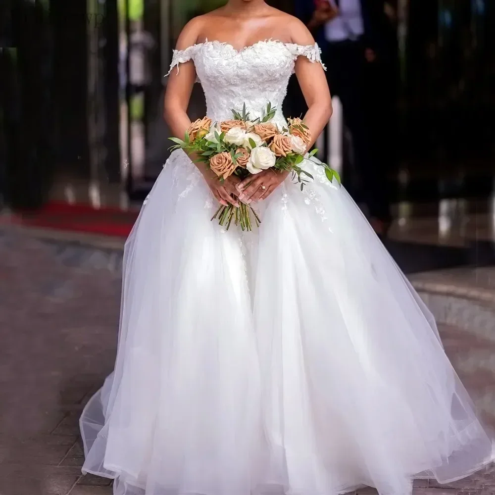 Customized  Off The Shoulder Lace Appliques Wedding Dress With Detachable Train Vestido De Noiva Garden Country Bridal Gowns