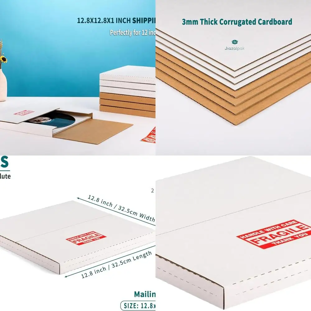 

50-Count 12 Inch Vinyl Record Shipping Boxes, 12.8 x 12.8 x 1 Inches, Foldable, Adjustable Depth, Fragile Labeled, White