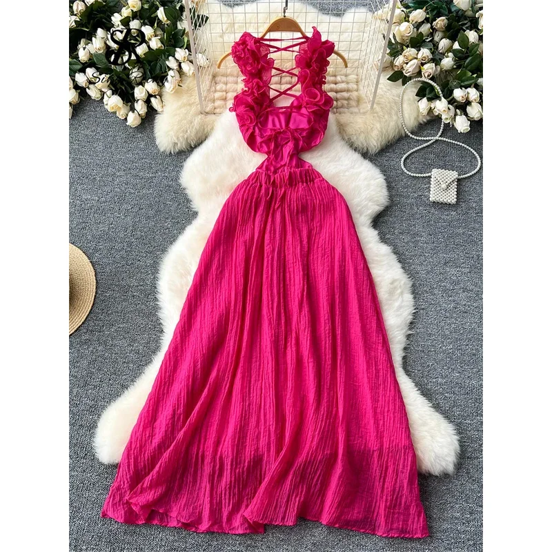 ZIXIN vacances robe Maxi dames 3D florale évider dos nu Sexy robe d'été de haute qualité plissée plage robe de soirée