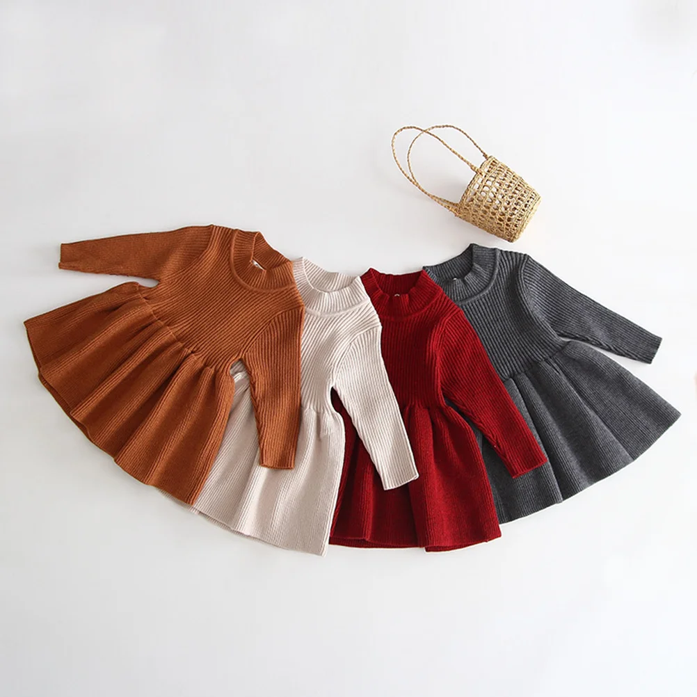 

Girls Knitted Dress 73cm Brown Autumn Winter Long Sleeve Warm Sweater Skirt Casual Kids Fashion Dress Kids Knitted Skirt
