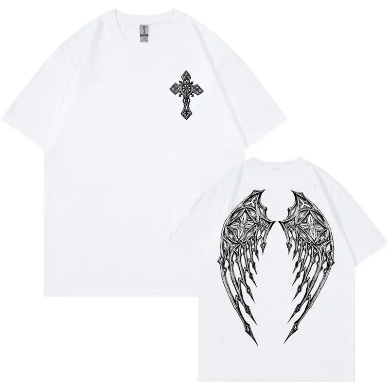 Vintage Y2K Garbage Opium Pain MMA White Cross Angel Wings Printed Cotton Round Neck T-shirt Short Sleeve Man