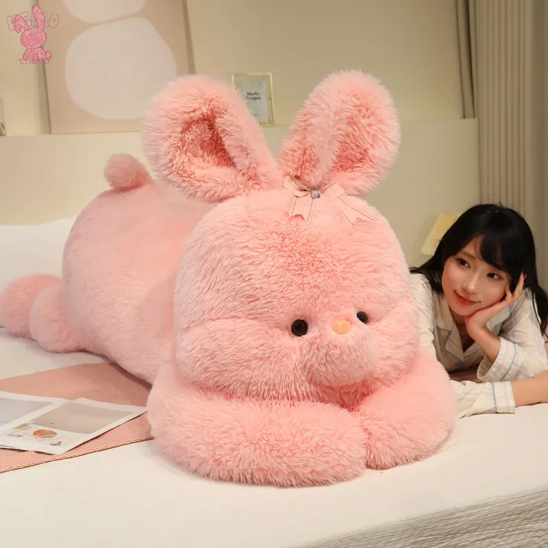 Ogromny, uroczy królik pluszowy z dużymi uszami i różową kokardą, miękki, puszysty, do przytulania, zabawka do dekoracji domu, na sofę, łóżko, prezent urodzinowy dla dziewczynek i dzieci.