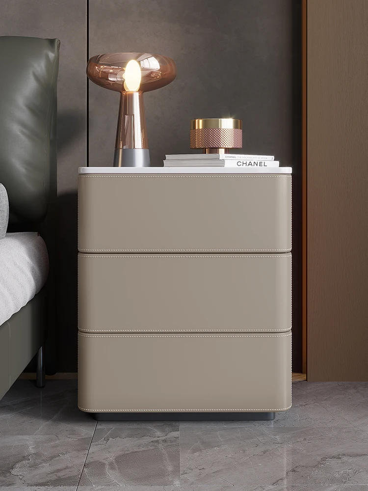 Italian Minimalist Saddle Leather High Bedside Table Modern Home