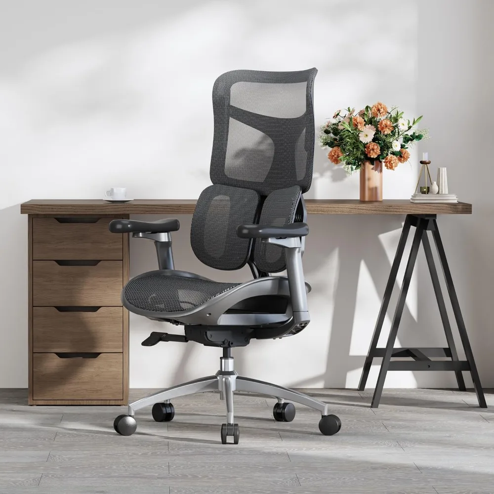 Kursi kantor ergonomis-dengan dukungan Lumbar dinamis ganda, sandaran tangan 5 tingkat dapat disesuaikan, sandaran tangan koordinat 4D, maks 135 derajat.