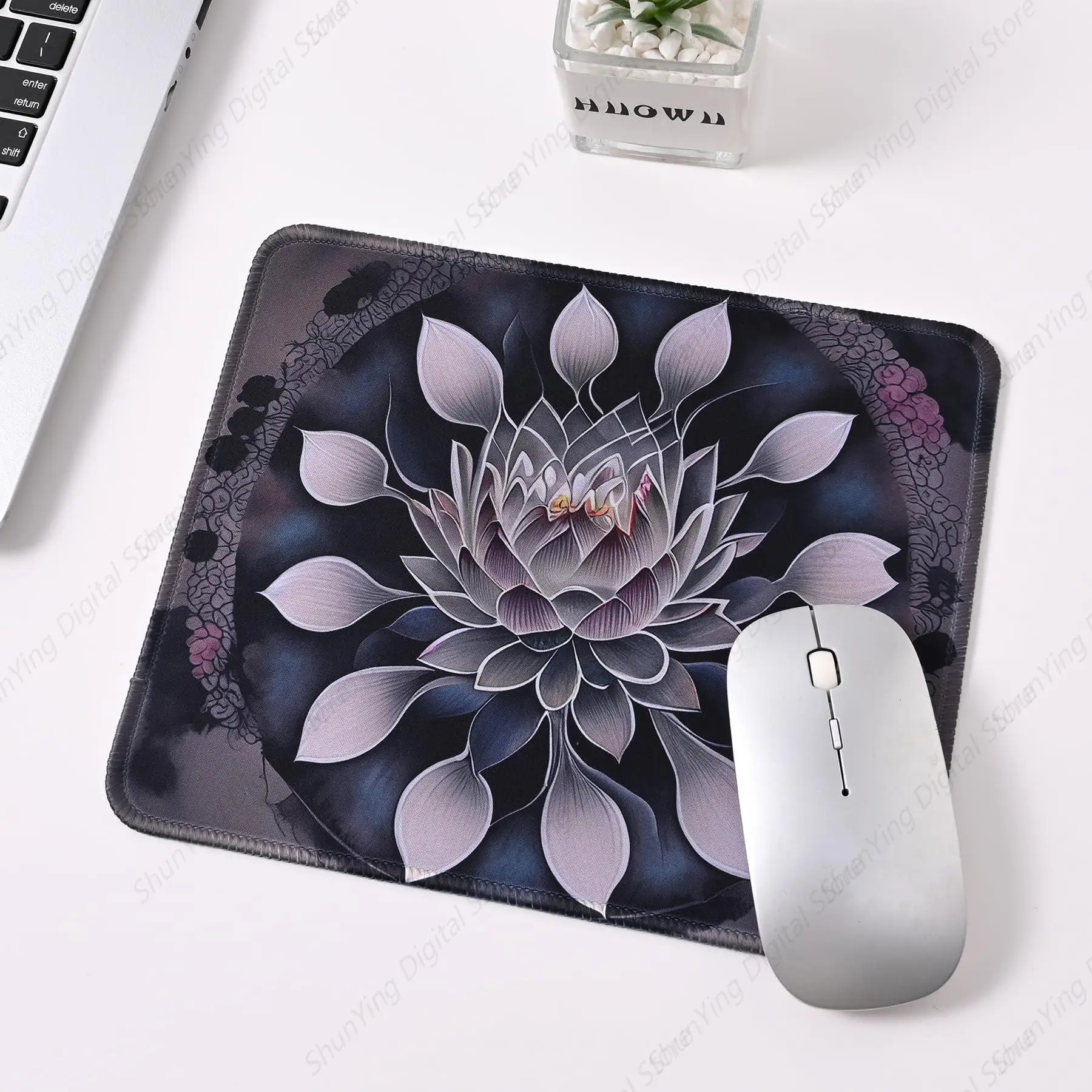 Mouse pad com flores de lótus escuras, mouse pad de borracha antiderrapante para computador, adequado para casa e escritório, mouse pad para jogos 18*22cm