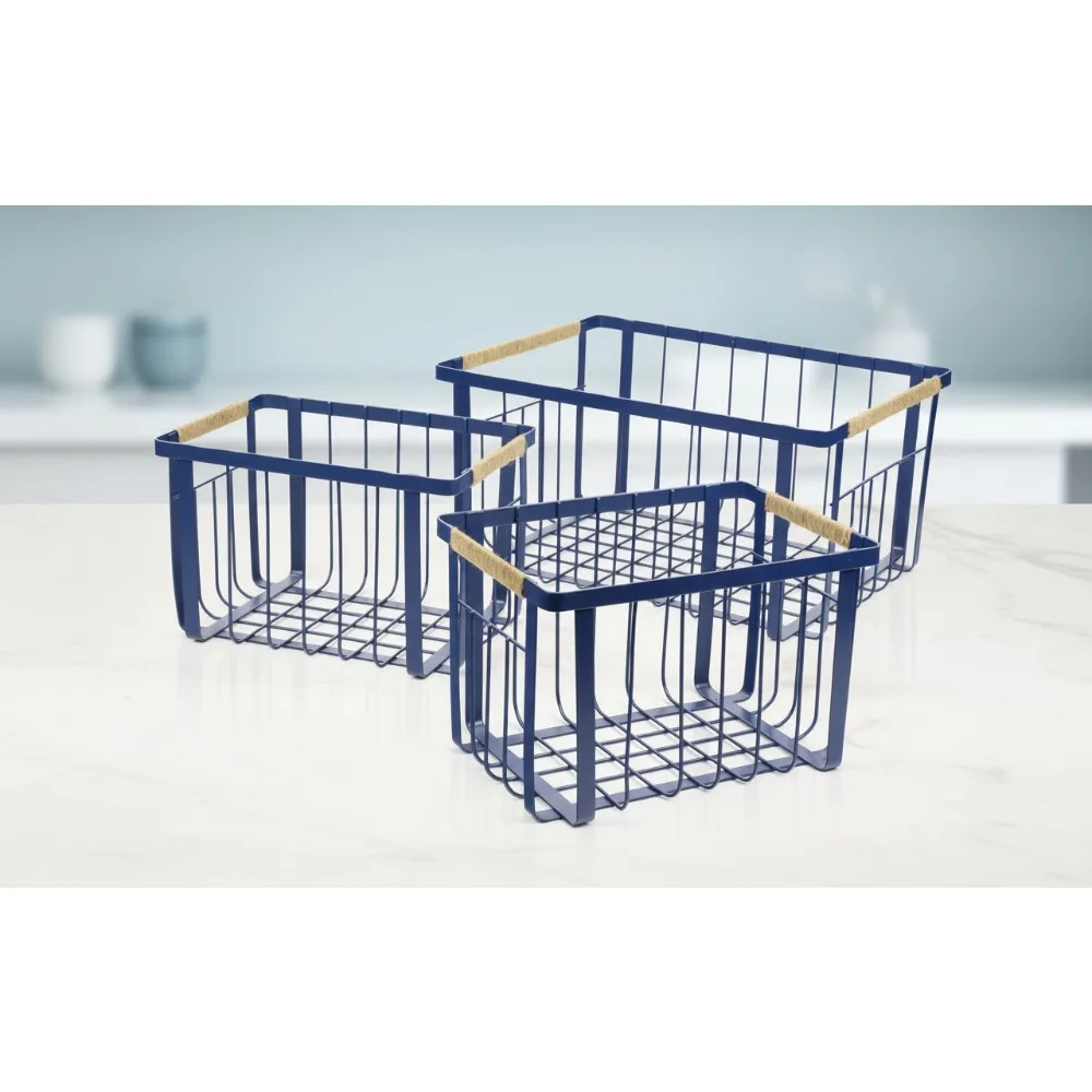 

Винтажные металлические корзины для хранения в фермерском доме с джутовыми ручками, набор из 3 предметов для полок, шкафов, кладовой