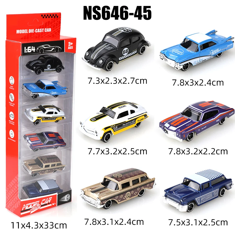 Boxed 1/64 scale high-quality retro-themed mini toys (6 pieces), die-cast metal, boy's toy, inertia-driven car