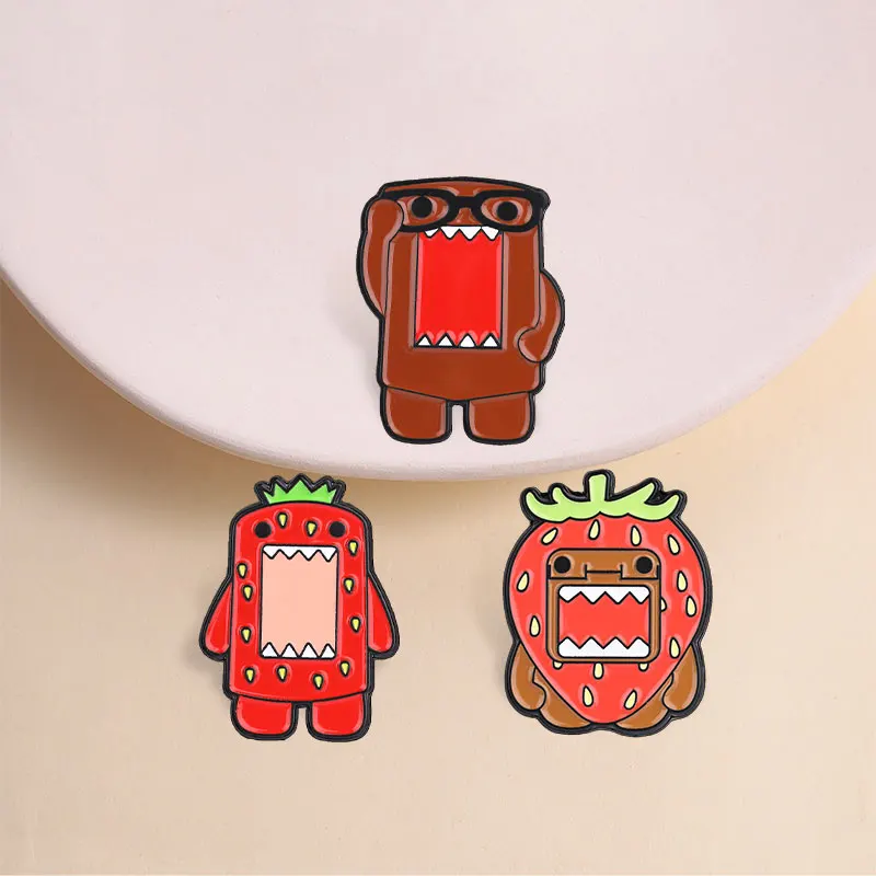 Cute Domo Kun Enamel Pins Strawberry Glasses Domo Kun Cartoon Monster Anime Characters Mascot Brooches Lapel Badges Jewelry Gift