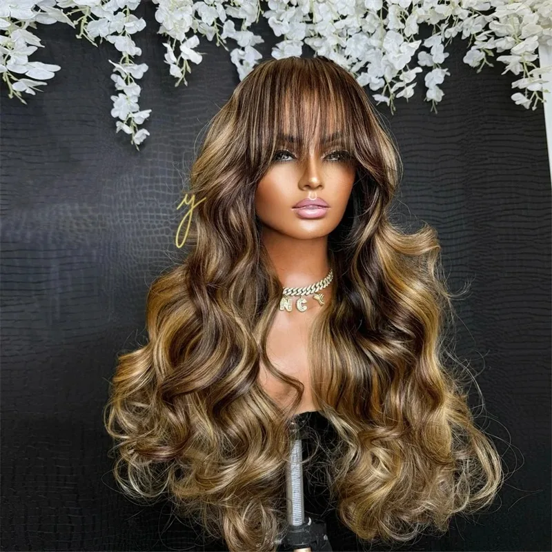 

Синтетический парик с эффектом омбре, светло-коричневый, с волнистыми прядями, с челкой, 13x4 HD, предварительно проработанный, для женщин, для косплея