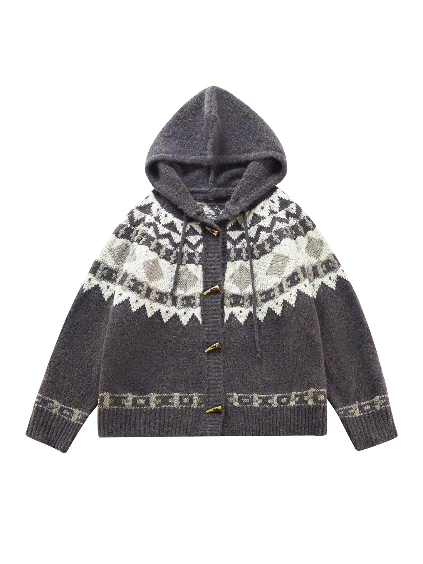 레트로 니트 스웨터 코트 여성용 루즈핏 후드 오픈 가디건 혼 버튼 가을 겨울 신상 커플 패션