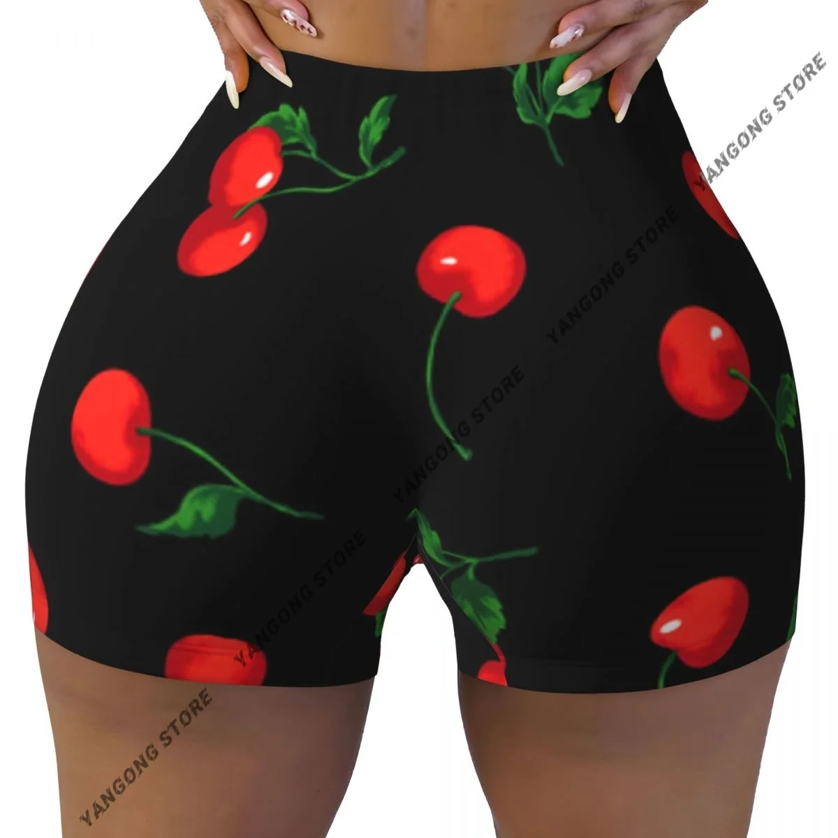 Women's Yoga Shorts Cute Cherry Pattern Scrunch Booty Butt Lifting Comfort Fitness Gym