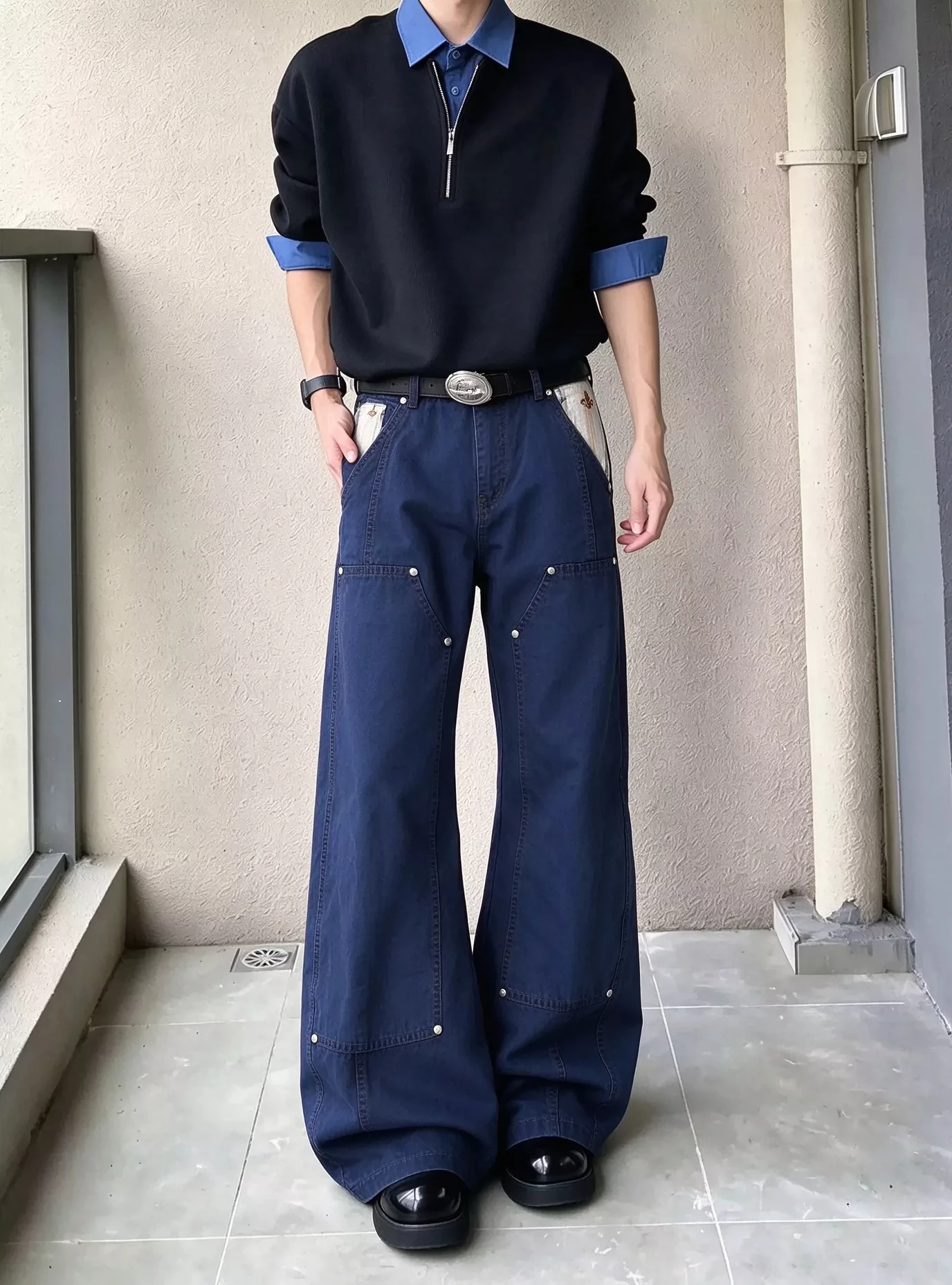 American Style Spliced Workwear Pants Men's Casual Wide Leg Jeans Spring Autumn Vintage Rivet Design Loose Fit Straight Leg