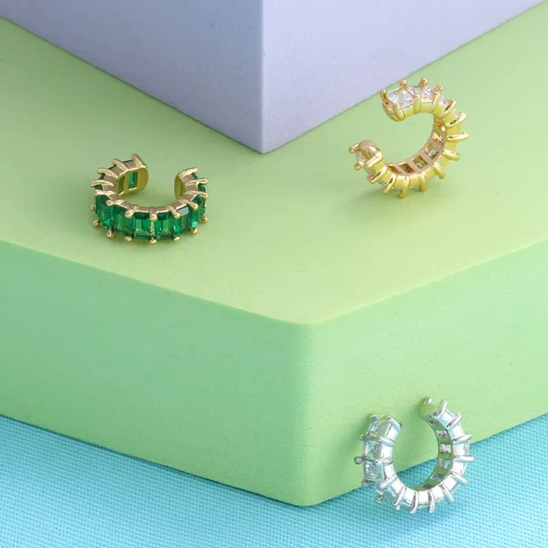 Non-Piercing Safety C-Shaped Clip Earrings with Gold-Plated Rectangular Zirconia, Brass, for Women Exquisite Jewelry:VE559