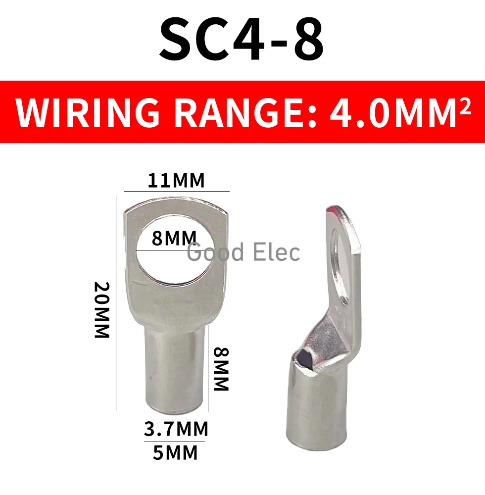 100PCS SC4-4 SC4-5 SC4-6 SC4-8 tinned copper 4mm 5mm 6mm bolt hole 4.0mm² cable lug battery connector crimping terminal