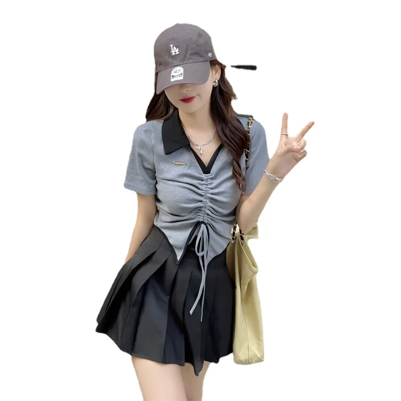 

2023 Sweet Spicy Small Summer V-neck Top + Pleated Skirt Lively Age Reduction Two-piece Suit Female Y2K Korean Fashion