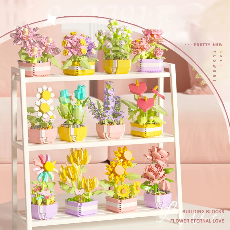 Flowers Plants Bonsai Building Blocks Succulent Potted Assembly Bricks Model Desktop Decoration Children's Christmas Gifts Toys