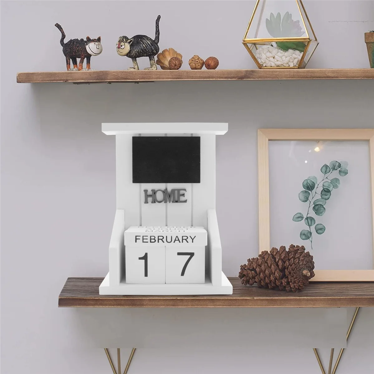 Wooden Desk Block Calendar-Perpetual Calendar Month Date Display Home Office Decoration (White)